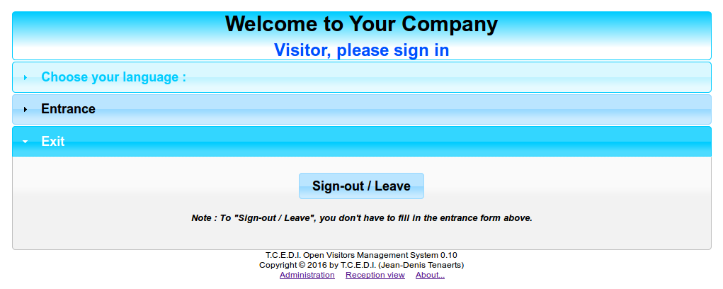 T.C.E.D.I. Open Visitors Management System - Page principale - Sortie (en anglais)